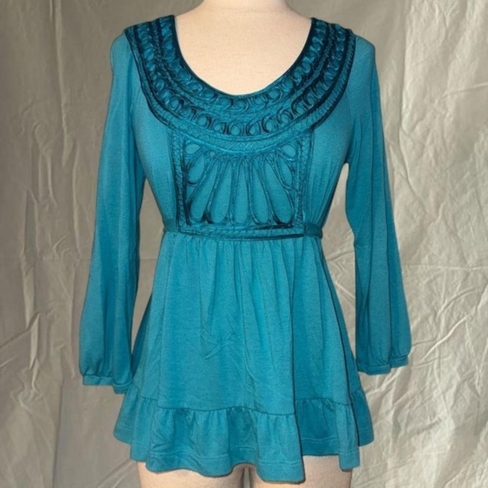 Y2K Turquoise Ruffle Tie Waist Boho Top
